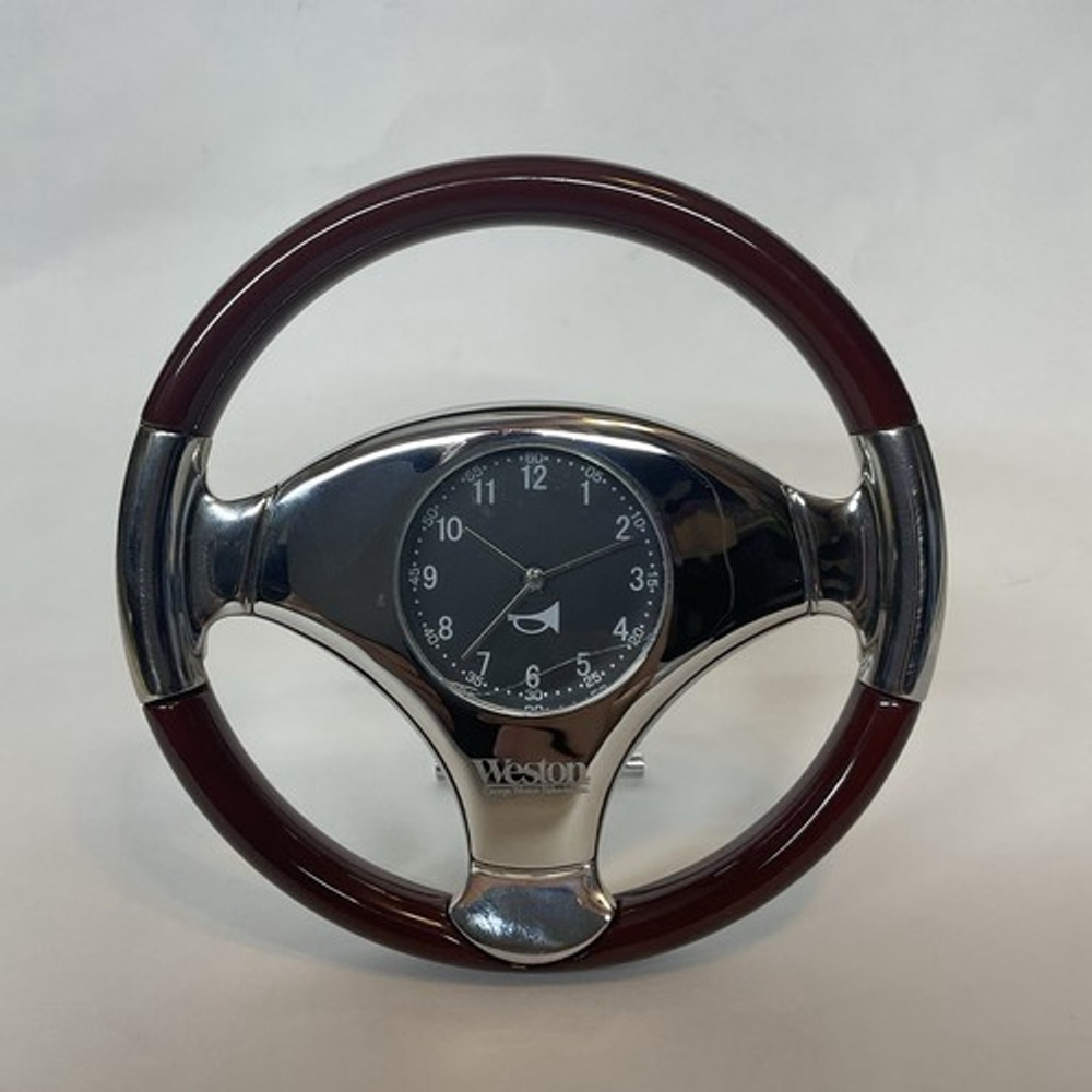 Vintage Weston Chrome and Brown Steering Wheel Desk Clock‎ 6" FLAW